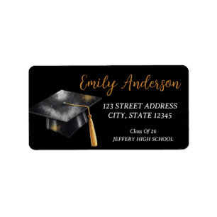 Graduation Cap BlackGold Modern Return Address Lab Label