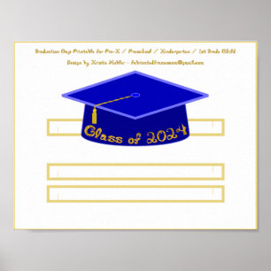 Graduation Cap Blue Hat Class of 2024 Gold Glitter Poster