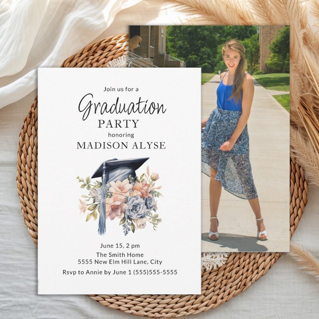 Graduation Cap Blue Pink Floral Photo Graduation Invitation (Graduation party photo invitation)
