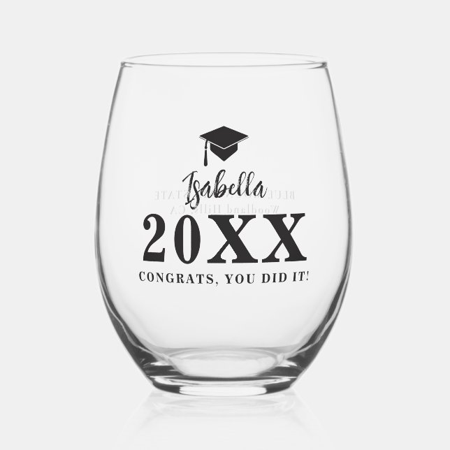 Graduation Cap Caligraphy Personalised Grad Gift Stemless Wine Glass (Front)