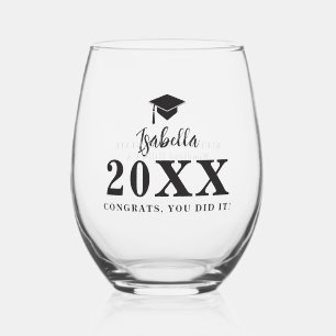Graduation Cap Caligraphy Personalized Grad Gift Stemless Wine Glass