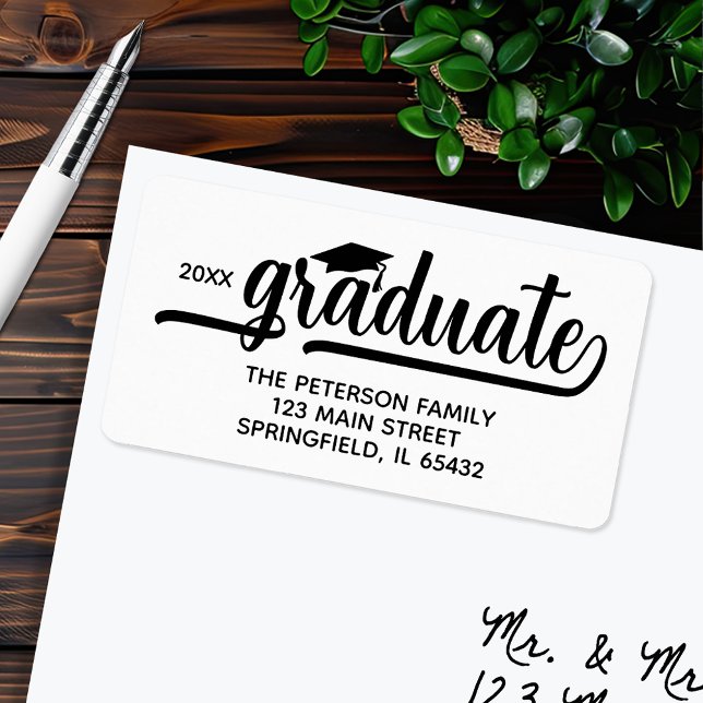Graduation Cap Chic Script Return Address Label (Graduation script return address labels, 2.375" x 1.25", 18 labels per sheet)
