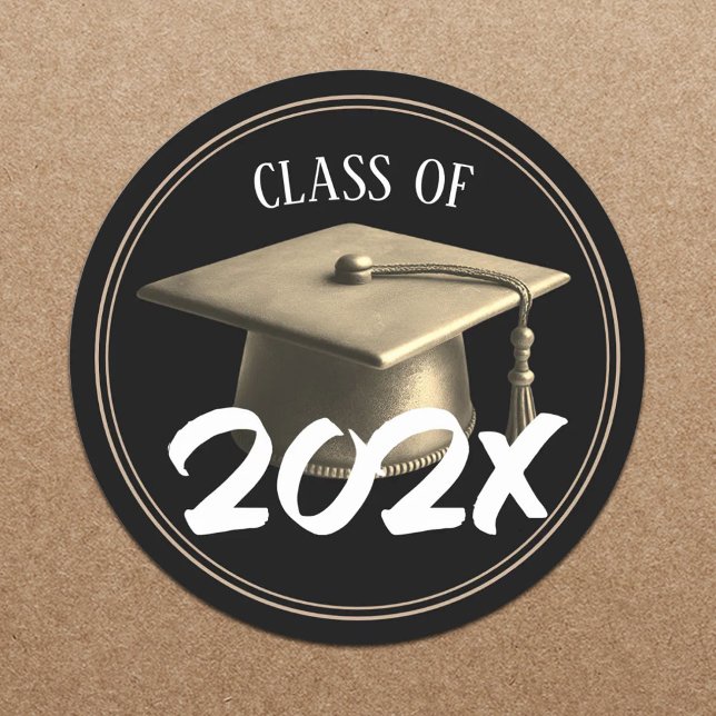 Graduation Cap Class of 2024 Modern Black & Gold Classic Round Sticker (Creator Uploaded)