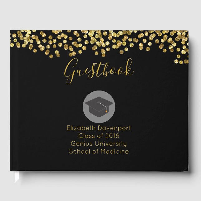 Graduation Cap Class of 20xx Faux Gold Glitter Guest Book (Front)