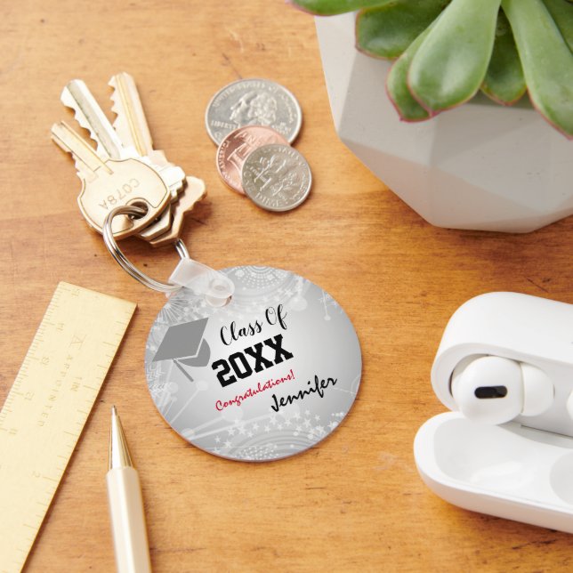 Graduation Cap, Class Year 20XX party Silver Key Ring (Desk)