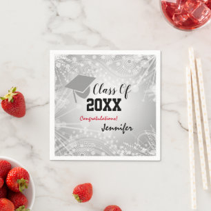 Graduation Cap, Class Year 20XX party Silver Napkin