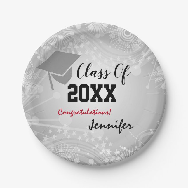 Graduation Cap, Class Year 20XX party Silver Paper Plate (Front)