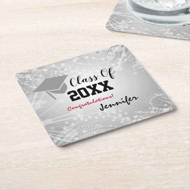 Graduation Cap, Class Year 20XX party Silver Square Paper Coaster (Angled)