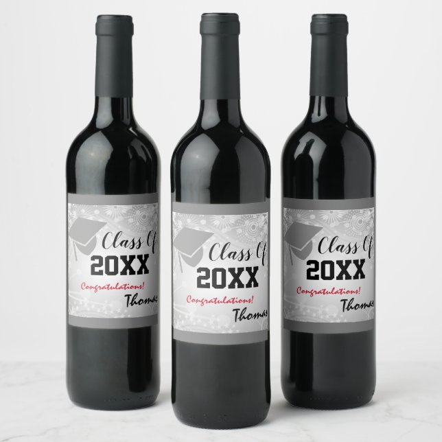 Graduation Cap, Class Year 20XX party Silver Wine Label (Bottles)
