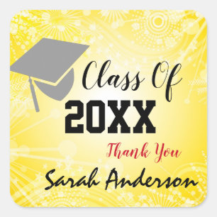Graduation Cap, Class Year 20XX Thank You Gold Square Sticker