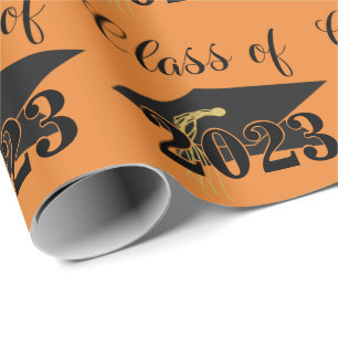 Graduation Cap Class Year Orange Black Wrapping Paper
