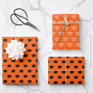 Graduation Cap Class Year Orange Wrapping Paper Sheet