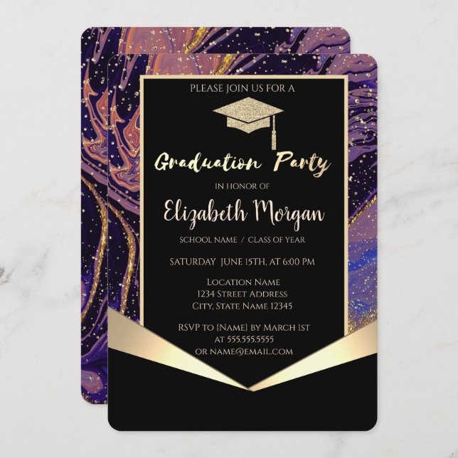 Graduation Cap,Confetti Stone Marble Graduation Invitation (Front/Back)