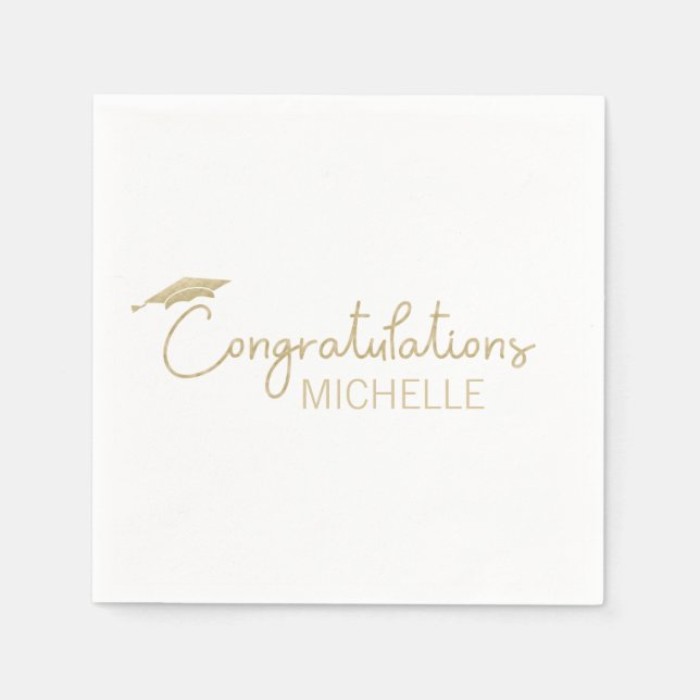 Graduation Cap Congratulations Gold White Script Napkin (Front)