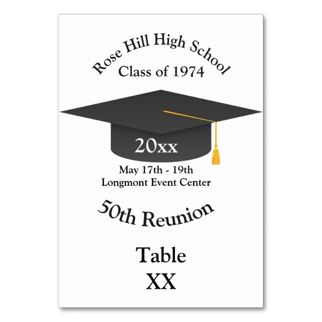 Graduation Cap Custom Class Reunion Table Card (Front)