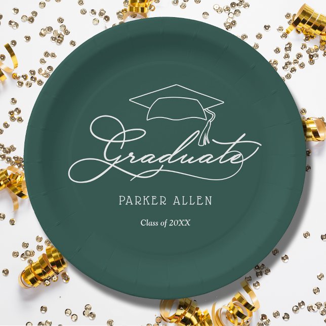 Graduation Cap Dark Green Graduation Plates (White script grad cap on dark green personalized graduation paper plates, napkins in our store)