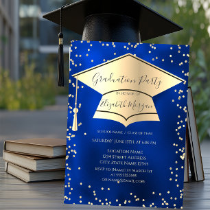 Graduation Cap,Diamonds Blue Metallic Graduation Invitation