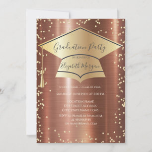Graduation Cap,Diamonds Brown Metallic Graduation Invitation