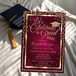Graduation Cap Diamonds Stars Red Graduation  Invitation