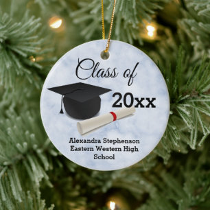 Graduation Cap Diploma Blue Marble Customized Ceramic Ornament