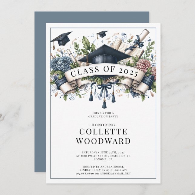 Graduation Cap Diploma Floral Banner Grad Party Invitation (Front/Back)