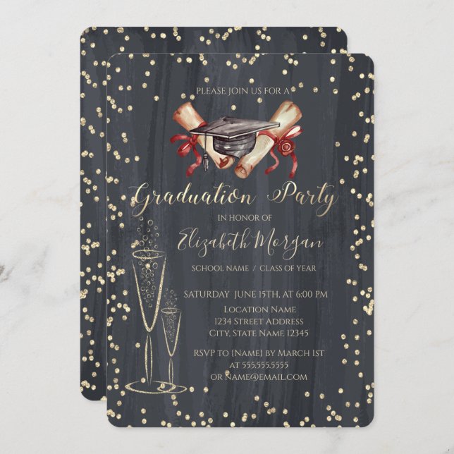 Graduation Cap,Diploma Glass Diamonds Graduation  Invitation (Front/Back)