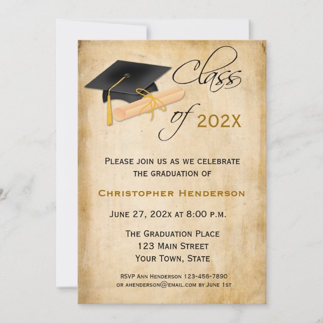 Graduation Cap, Diploma Parchment Look Invitation (Front)
