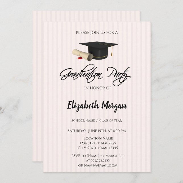 Graduation Cap Diploma Striped Graduation Party Invitation (Front/Back)