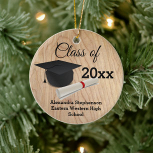 Graduation Cap Diploma Wood-Look Customised Ceramic Ornament