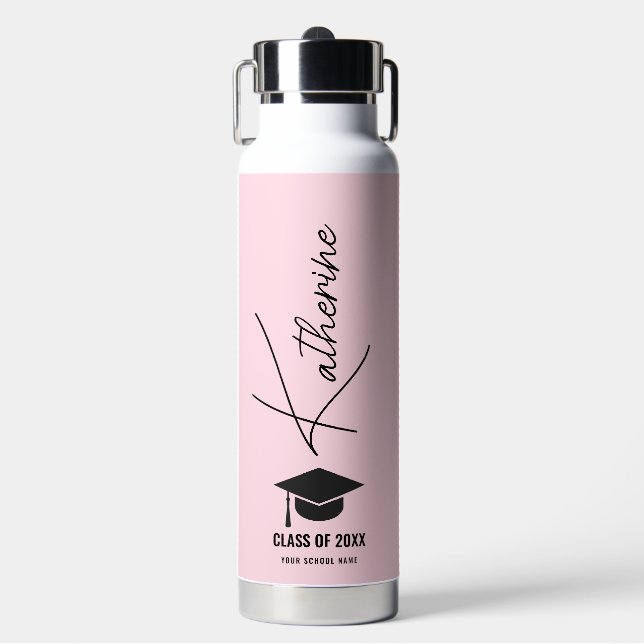 Graduation Cap Elegant Calligraphy Pink Custom Water Bottle (Front)