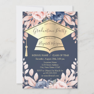 Graduation Cap,Flowers Dark Graduation  Invitation