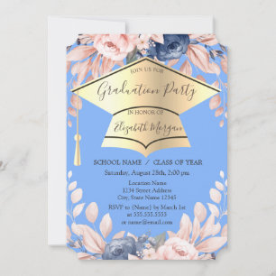 Graduation Cap,Flowers Light Blue Graduation  Invitation