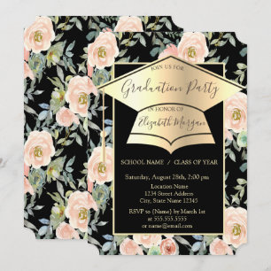 Graduation Cap,Flowers Roses Black Graduation Invitation