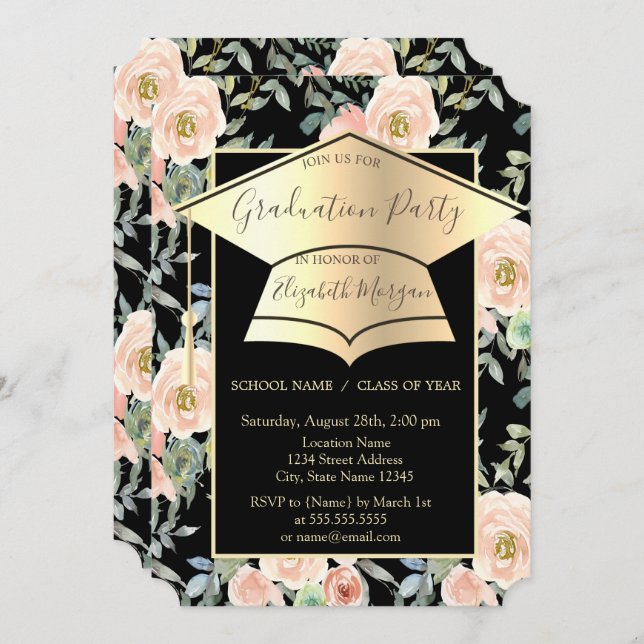 Graduation Cap,Flowers Roses Black Graduation   Invitation (Front/Back)