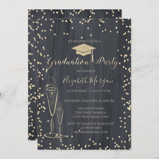 Graduation Cap,Glass Diamonds Black Graduation Invitation (Front/Back)