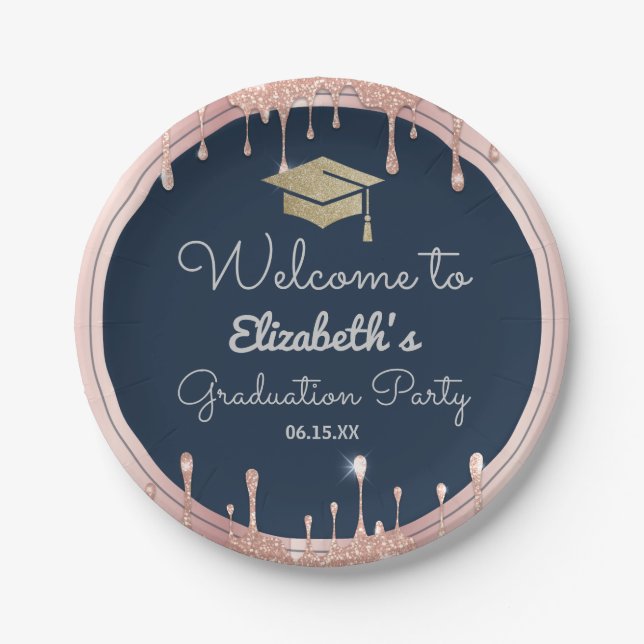Graduation Cap Glitter Rose Gold Drips Navy Blue Paper Plate (Front)