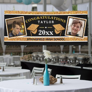 Graduation Cap Gold And Black Congratulations Banner