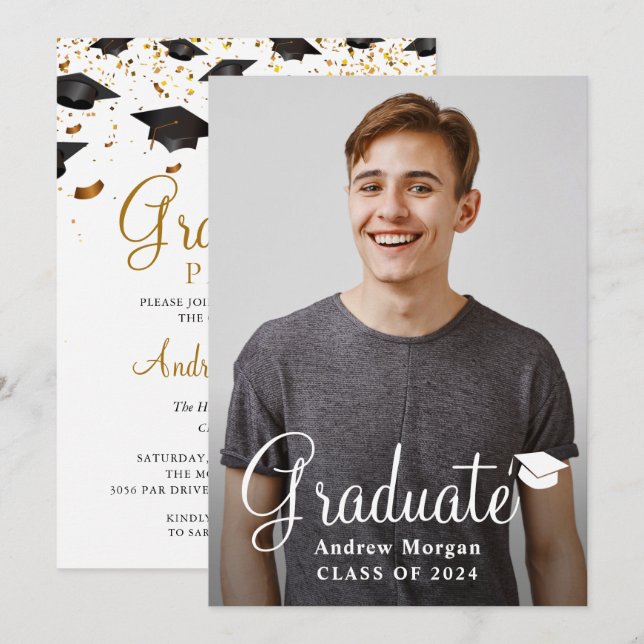 Graduation Cap & Gold confetti Graduate Photo Grad Invitation (Front/Back)