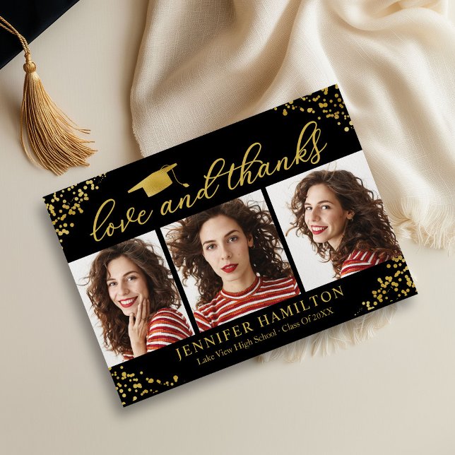 Graduation Cap Gold Foil On Black Love And Thanks Invitation (Creator Uploaded)
