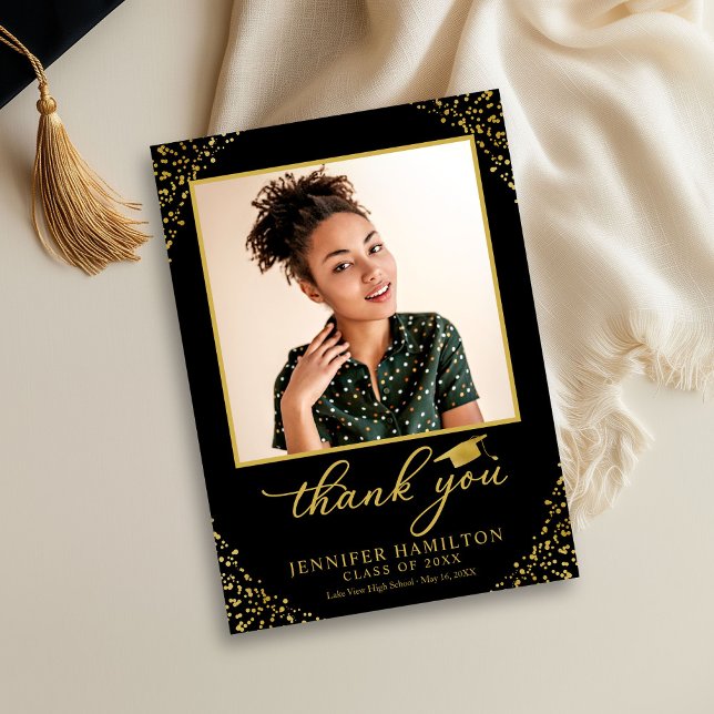 Graduation Cap Gold Foil On Black Thank You Invitation (Creator Uploaded)