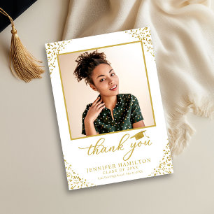 Graduation Cap Gold Foil On White Thank You Invitation
