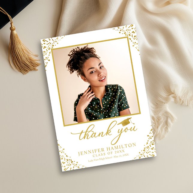 Graduation Cap Gold Foil On White Thank You Invitation (Creator Uploaded)