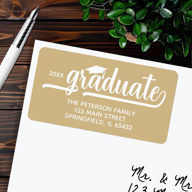 Graduation Cap Gold Return Address Label (Graduation script gold return address labels, 2.375" x 1.25", 18 labels per sheet)