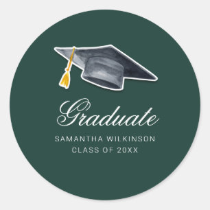 Graduation Cap Gold Tassel Calligraphy Green Classic Round Sticker