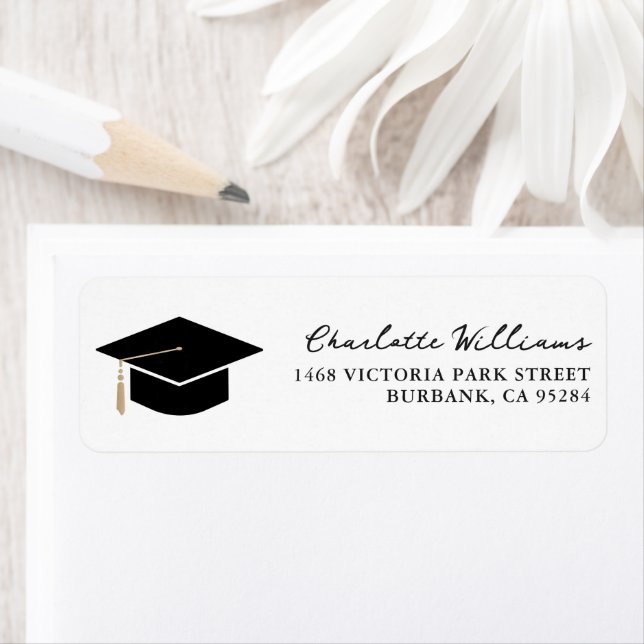 Graduation Cap Gold Tassel Script Return Address Label (Insitu)