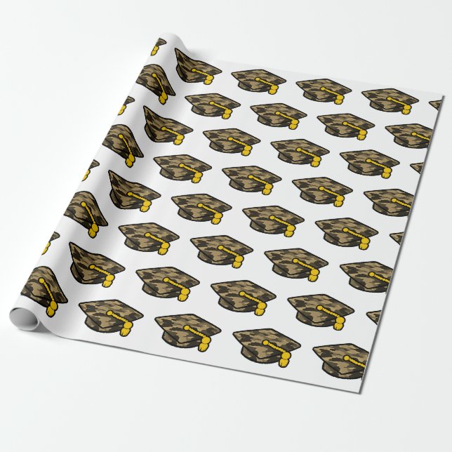 Graduation Cap Khaki Camo Wrapping Paper (Unrolled)