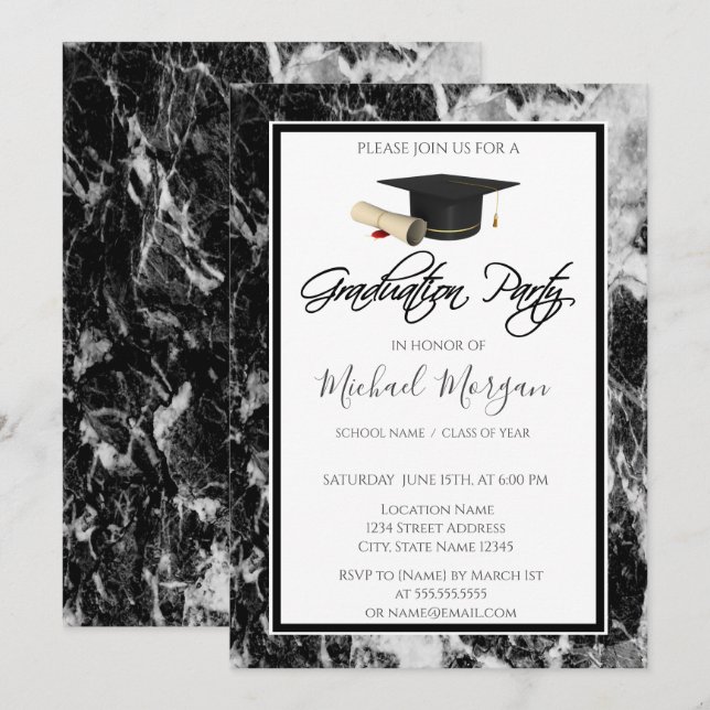 Graduation Cap Marble Black Graduation Party Invitation (Front/Back)