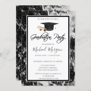 Graduation Cap Marble Black Graduation Party Invitation