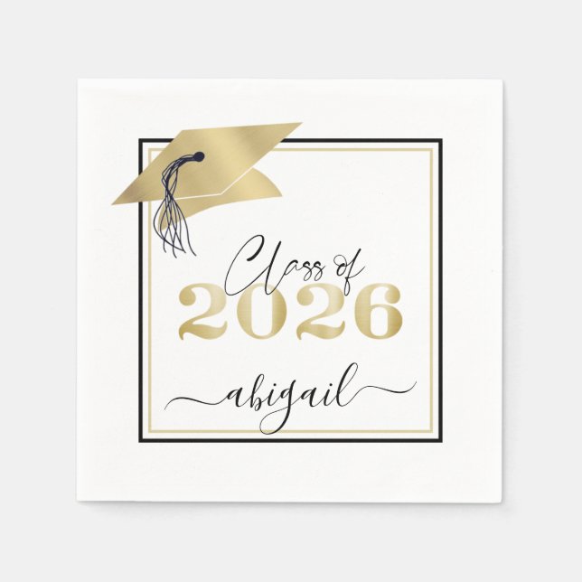 Graduation Cap Metallic Gold Script Class of 2021 Napkin (Front)