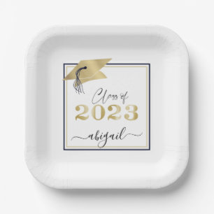 Graduation Cap Metallic Gold Script Class of 2023 Paper Plate